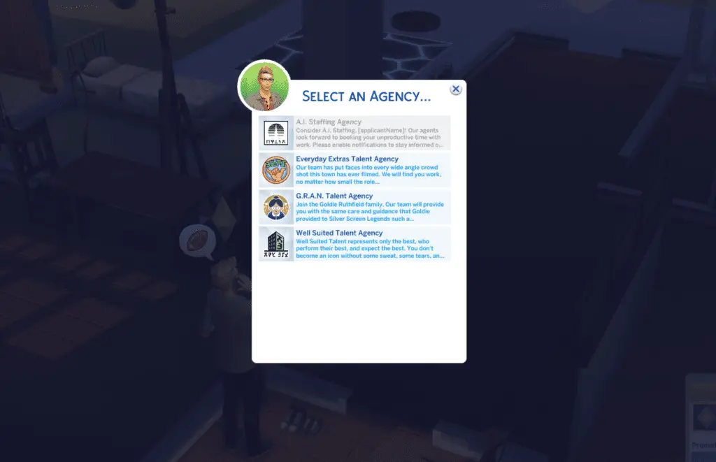 sims 4 selecting agency