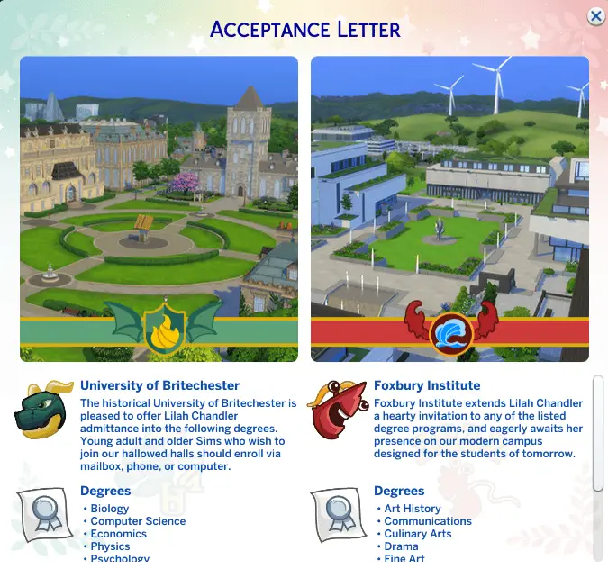Sims 4 acceptance letter