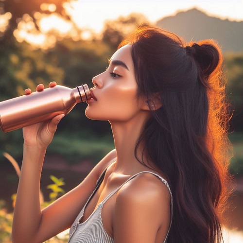 Woman drinking water in copper bottle
